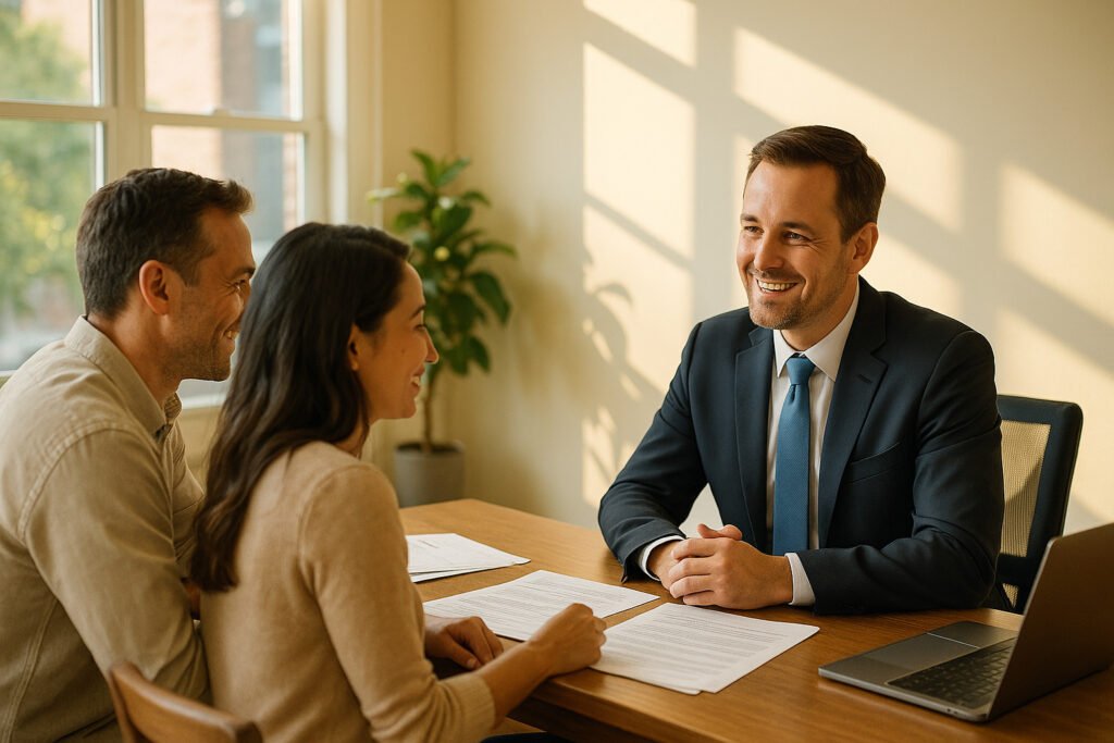 Couple discussing with an agent in California if car insurance follows the car or the driver
